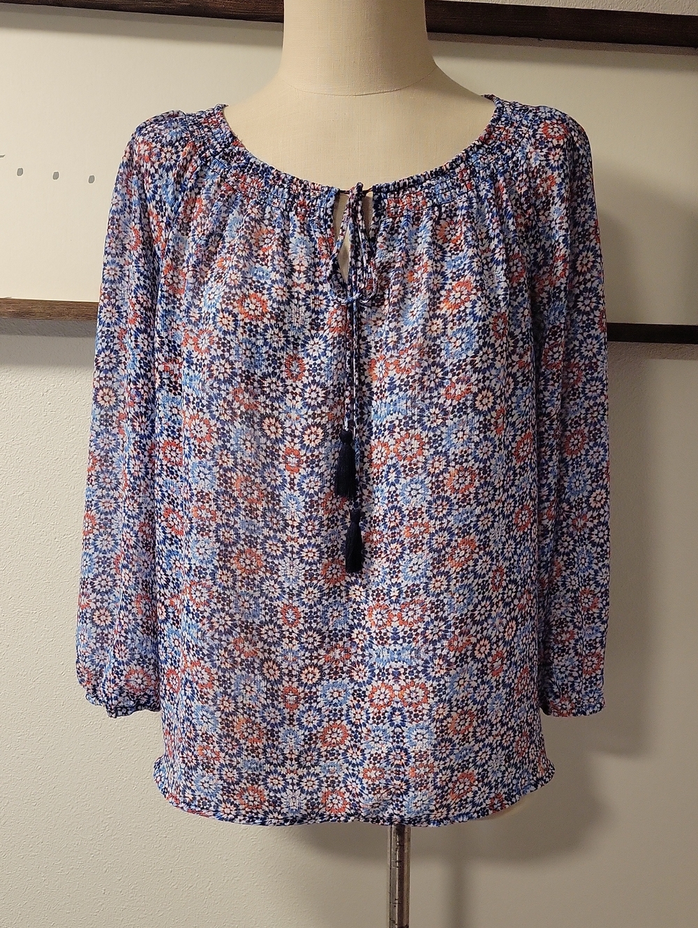 Daisy Fuentes Boho Tie-Neck  Tunic - Blue & Rust